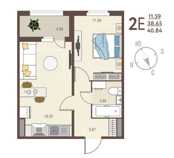 2-комнатная 40.8 м2 в ЖК undefined корпус null этаж 13