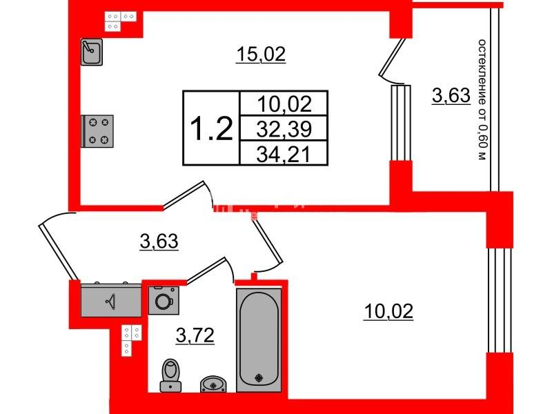 1-комнатная 32 м2 в ЖК Univer City корпус null этаж 4