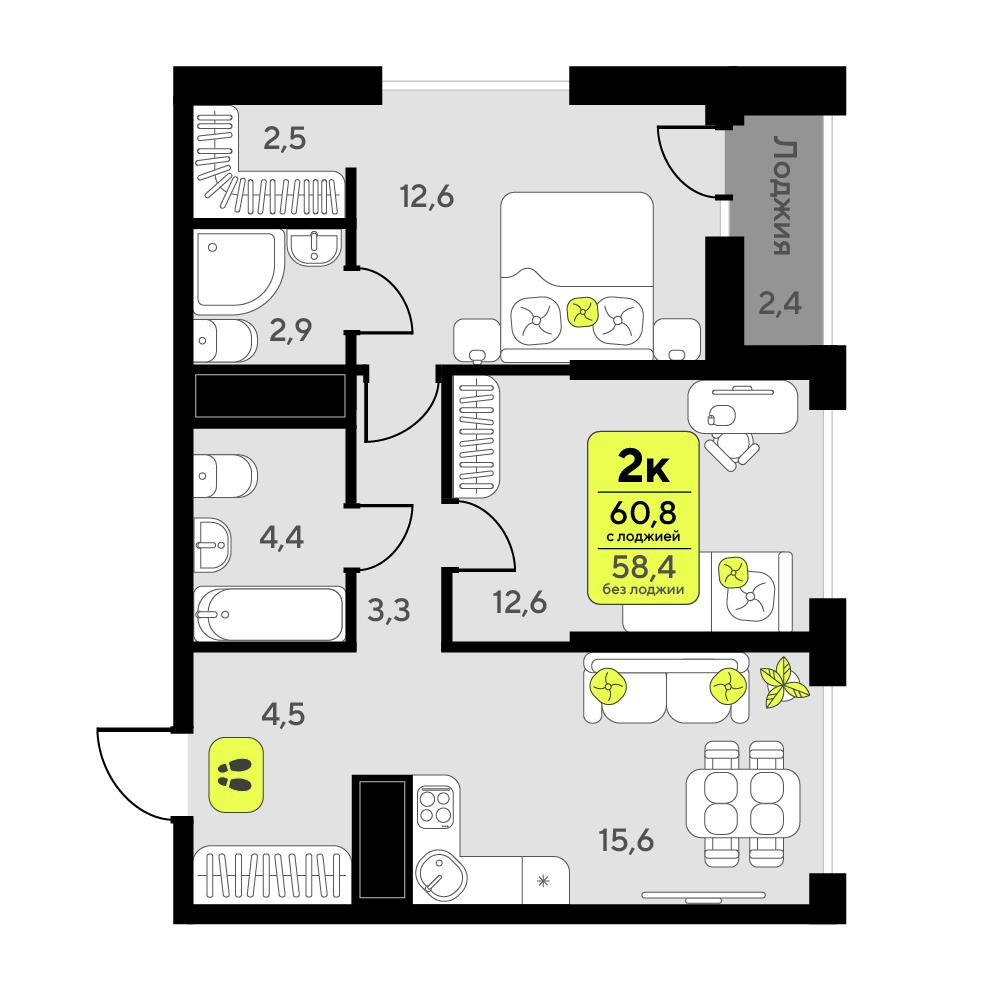 2-комнатная 60 м2 в ЖК Мотивы корпус null этаж 9