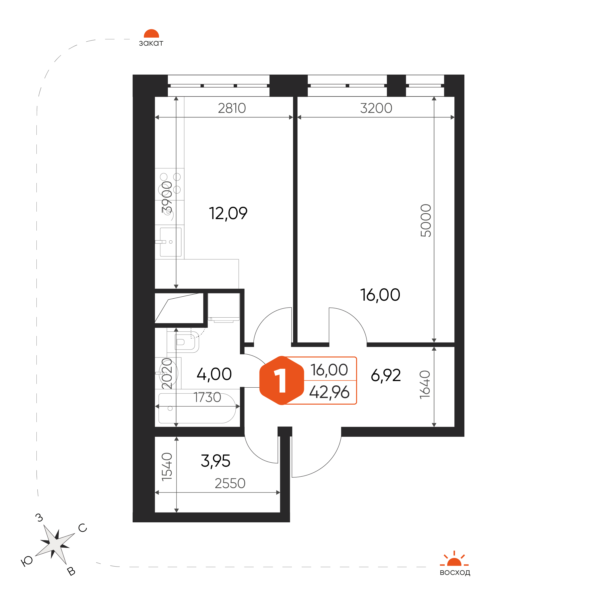 1-комнатная 43 м2 в ЖК Экоград Новый Катуар корпус null этаж 11