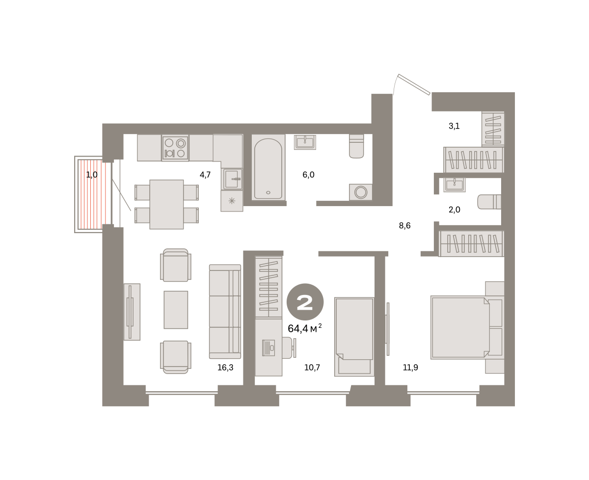 2-комнатная 64 м2 в ЖК Метроном корпус null этаж 13