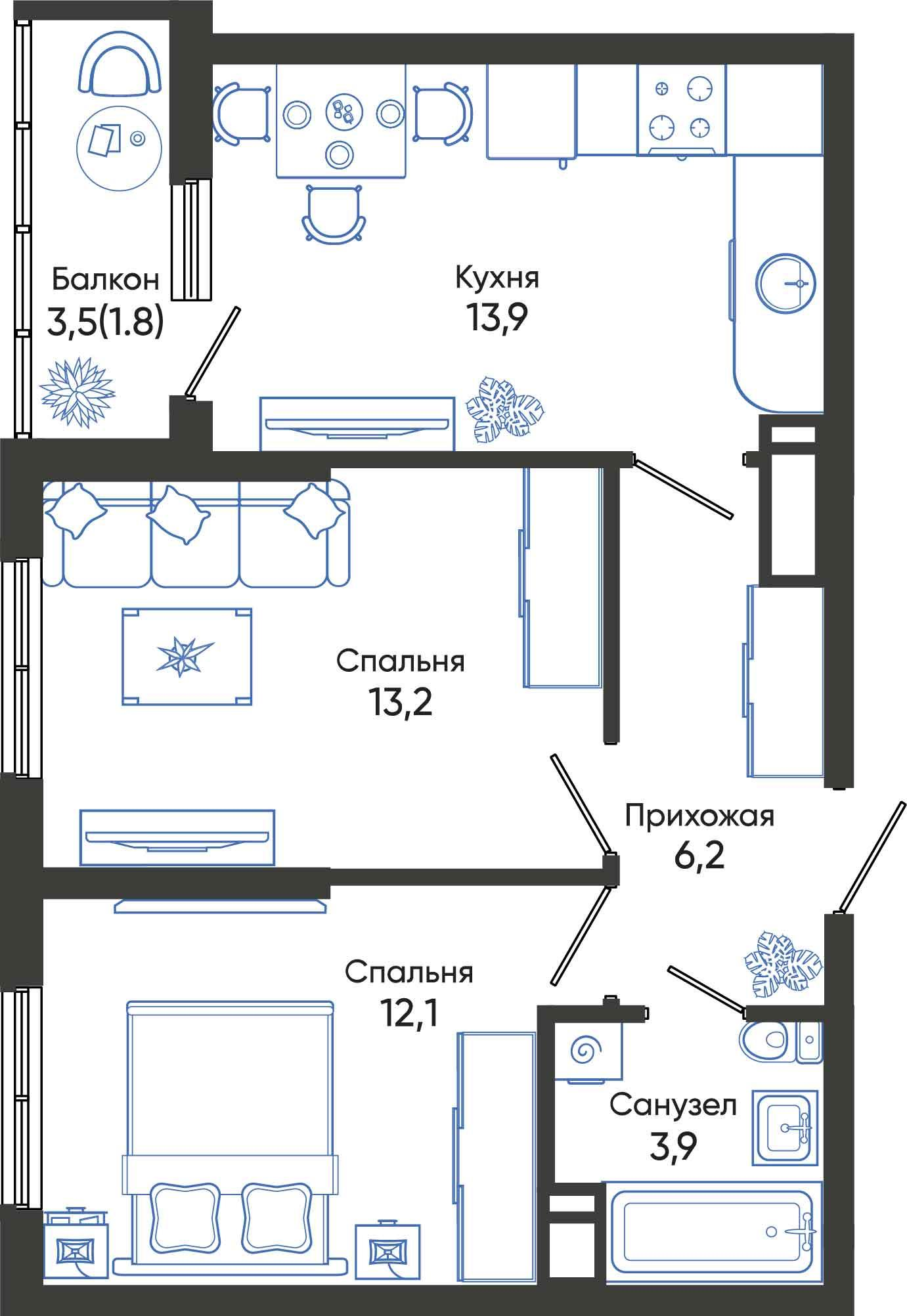 2-комнатная 51 м2 в ЖК Облака корпус null этаж 14