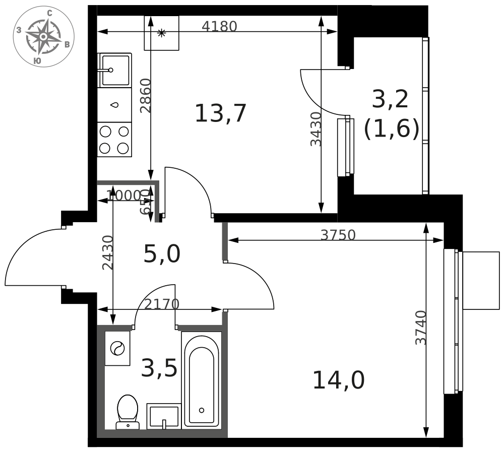 1-комнатная 38 м2 в ЖК 1-й Ясеневский корпус null этаж 9
