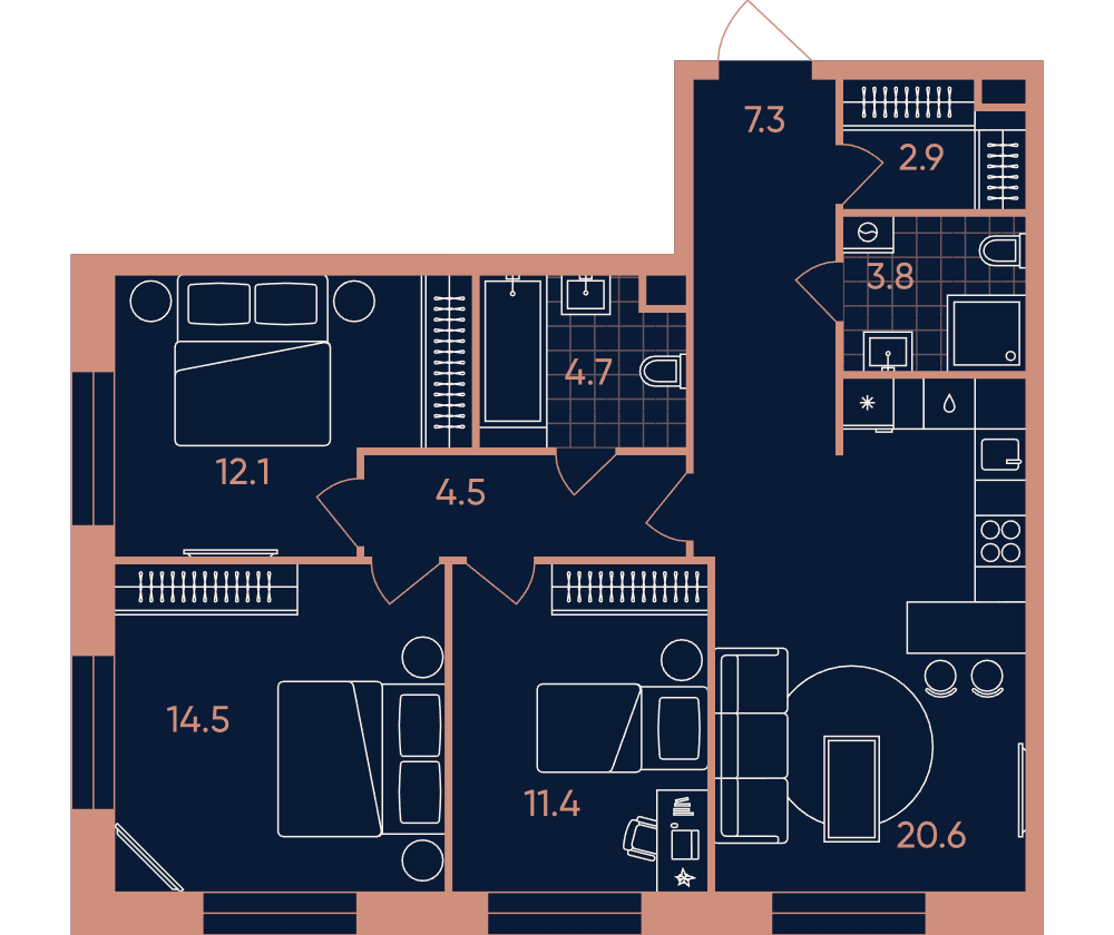 4-комнатная 81 м2 в ЖК ERA / Дербеневская 20 корпус null этаж 29