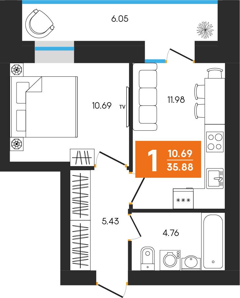 1-комнатная 35 м2 в ЖК Клубный дом Симфония корпус null этаж 3