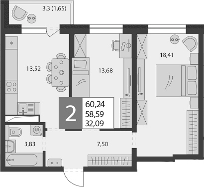2-комнатная 66.6 м2 в ЖК undefined корпус null этаж 8