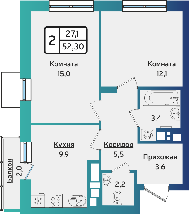 2-комнатная 52 м2 в ЖК ARTNOVA корпус null этаж 11