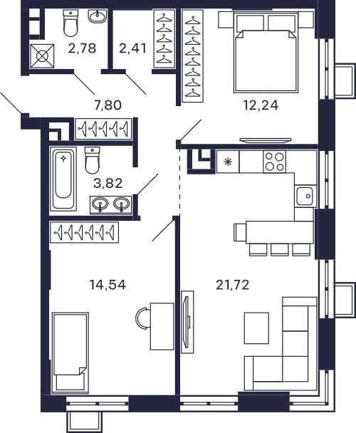 2-комнатная 67 м2 в ЖК Квартал Тетрис корпус null этаж 5