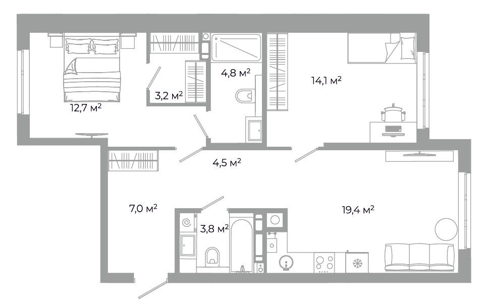 2-комнатная 69 м2 в ЖК Зелёные Кварталы корпус null этаж 7