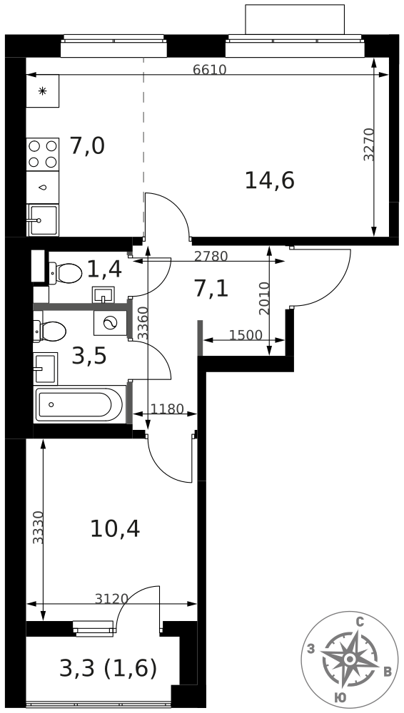 2-комнатная 45 м2 в ЖК 1-й Ясеневский корпус null этаж 6