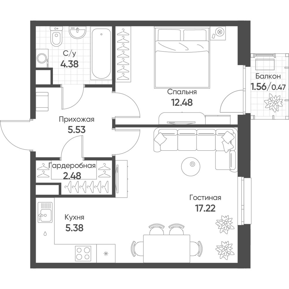 2-комнатная 48 м2 в ЖК Счастье в Казани корпус null этаж 9