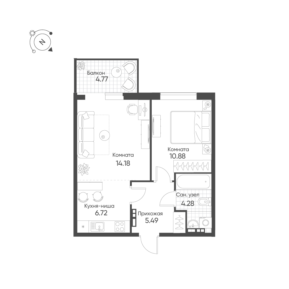 2-комнатная 42 м2 в ЖК Балтым-Парк корпус null этаж 4