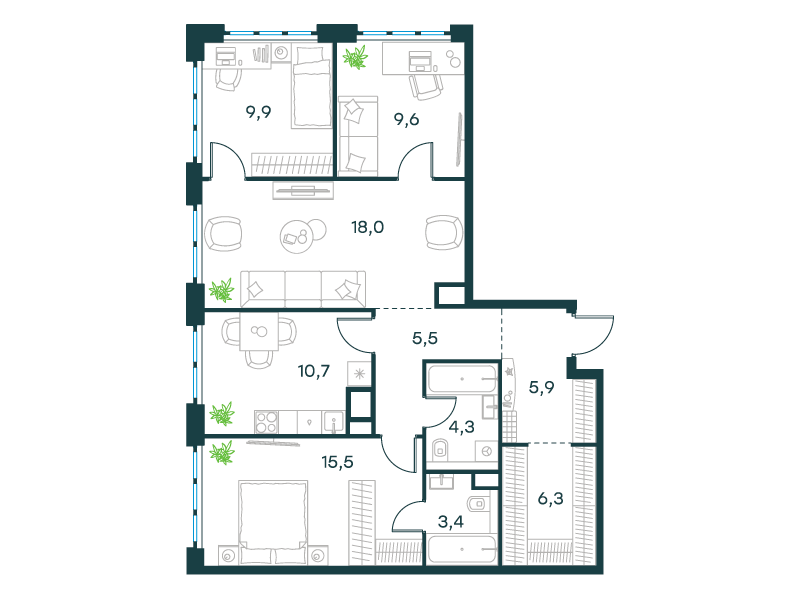 4-комнатная 89 м2 в ЖК Level Южнопортовая корпус null этаж 7