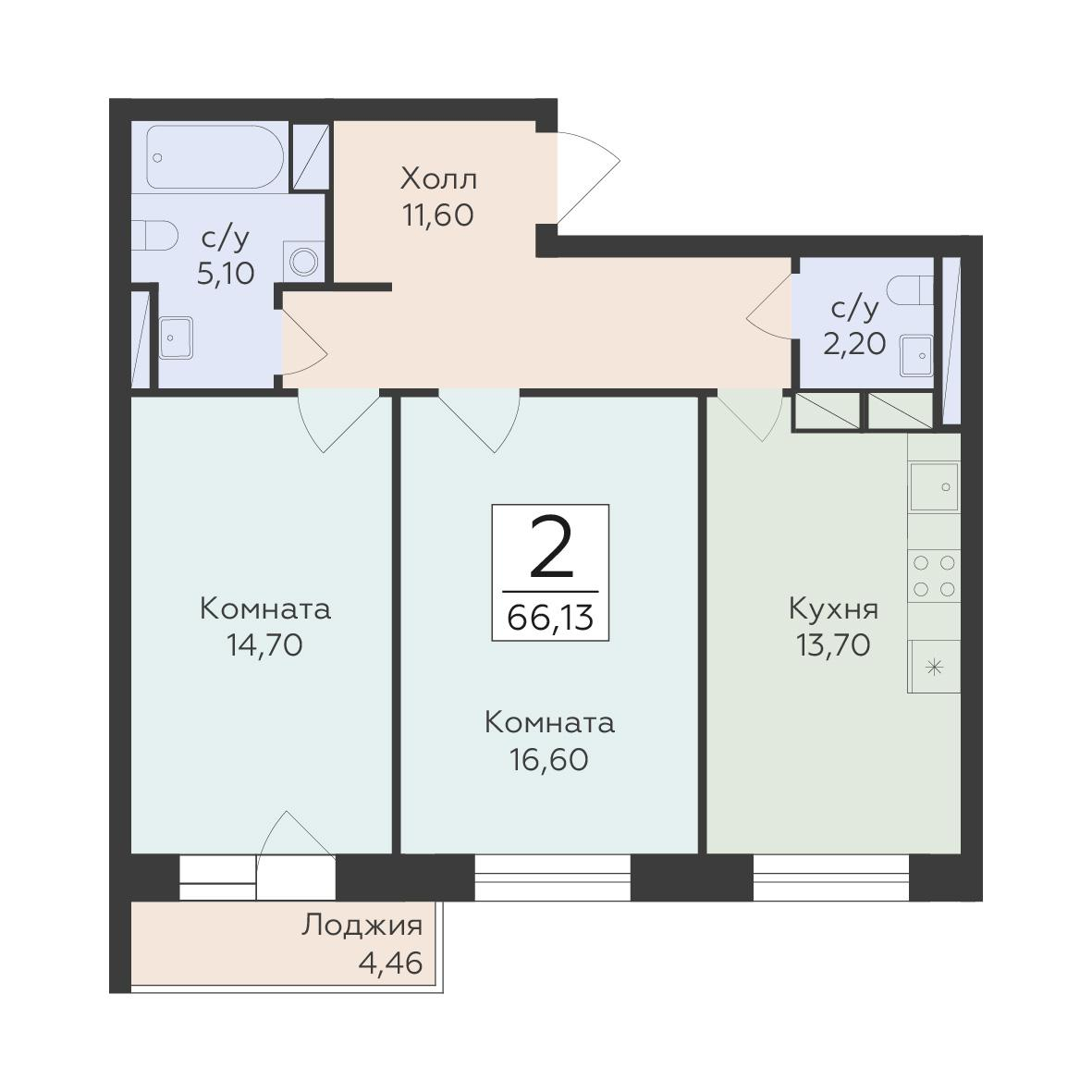 2-комнатная 66 м2 в ЖК Малаховский корпус null этаж 4