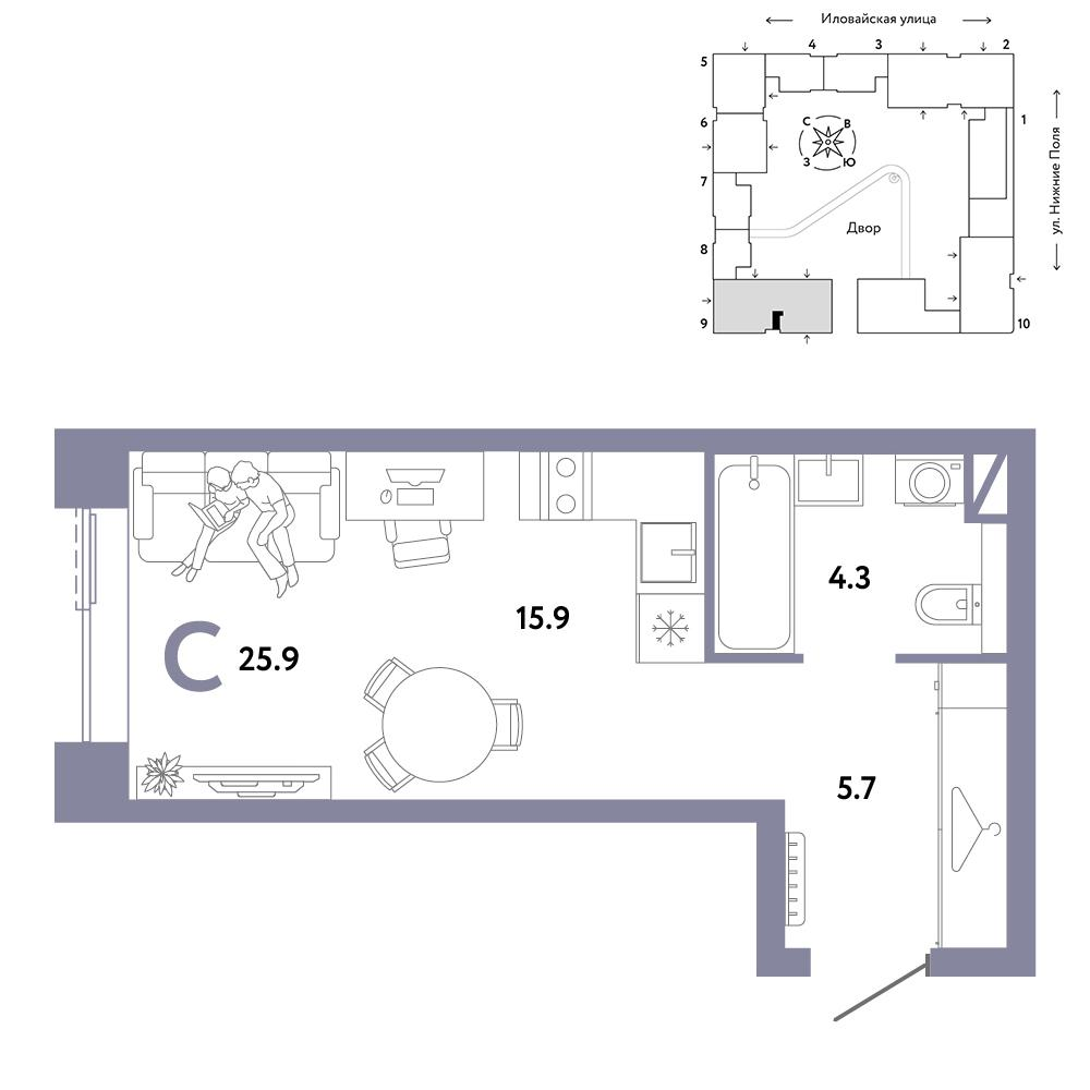 1-комнатная 25 м2 в ЖК Страна.Заречная корпус null этаж 15