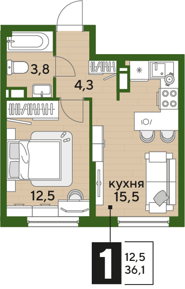 1-комнатная 35 м2 в ЖК Догма Парк корпус null этаж 12