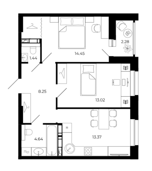 2-комнатная 54.8 м2 в ЖК undefined корпус null этаж 15
