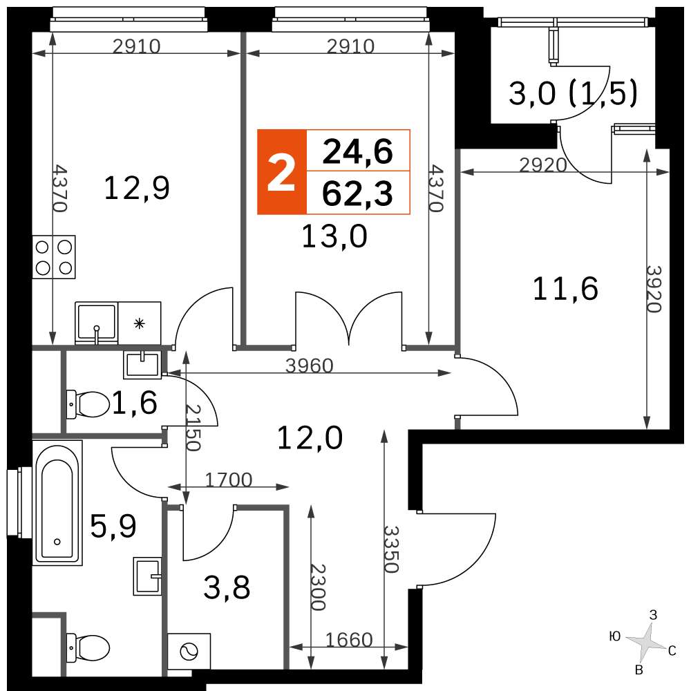 2-комнатная 61 м2 в ЖК Скай Гарден корпус null этаж 43