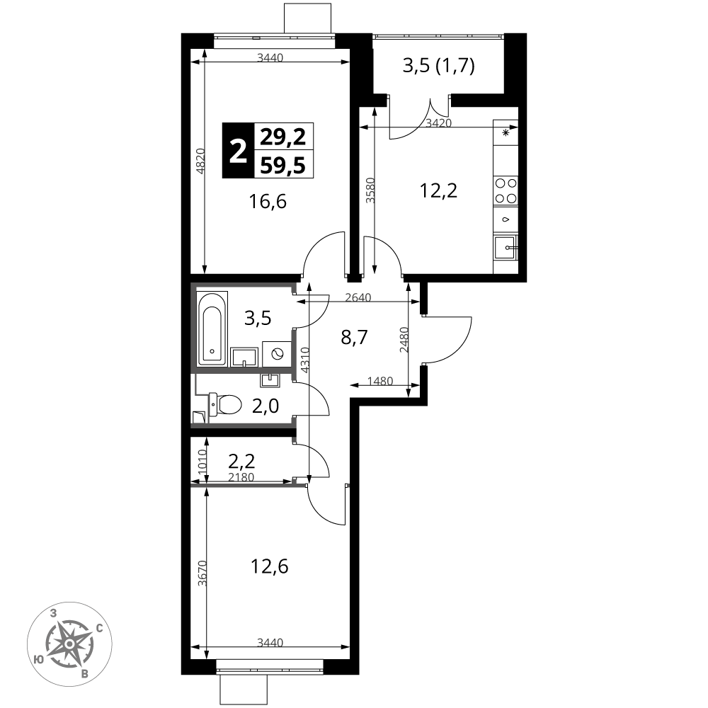 2-комнатная 59 м2 в ЖК 1-й Южный корпус null этаж 12