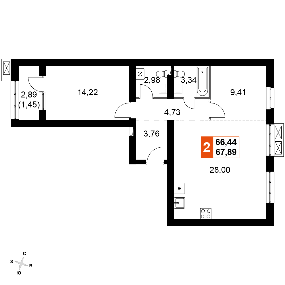 2-комнатная 67 м2 в ЖК Жаворонки Клаб корпус null этаж 3