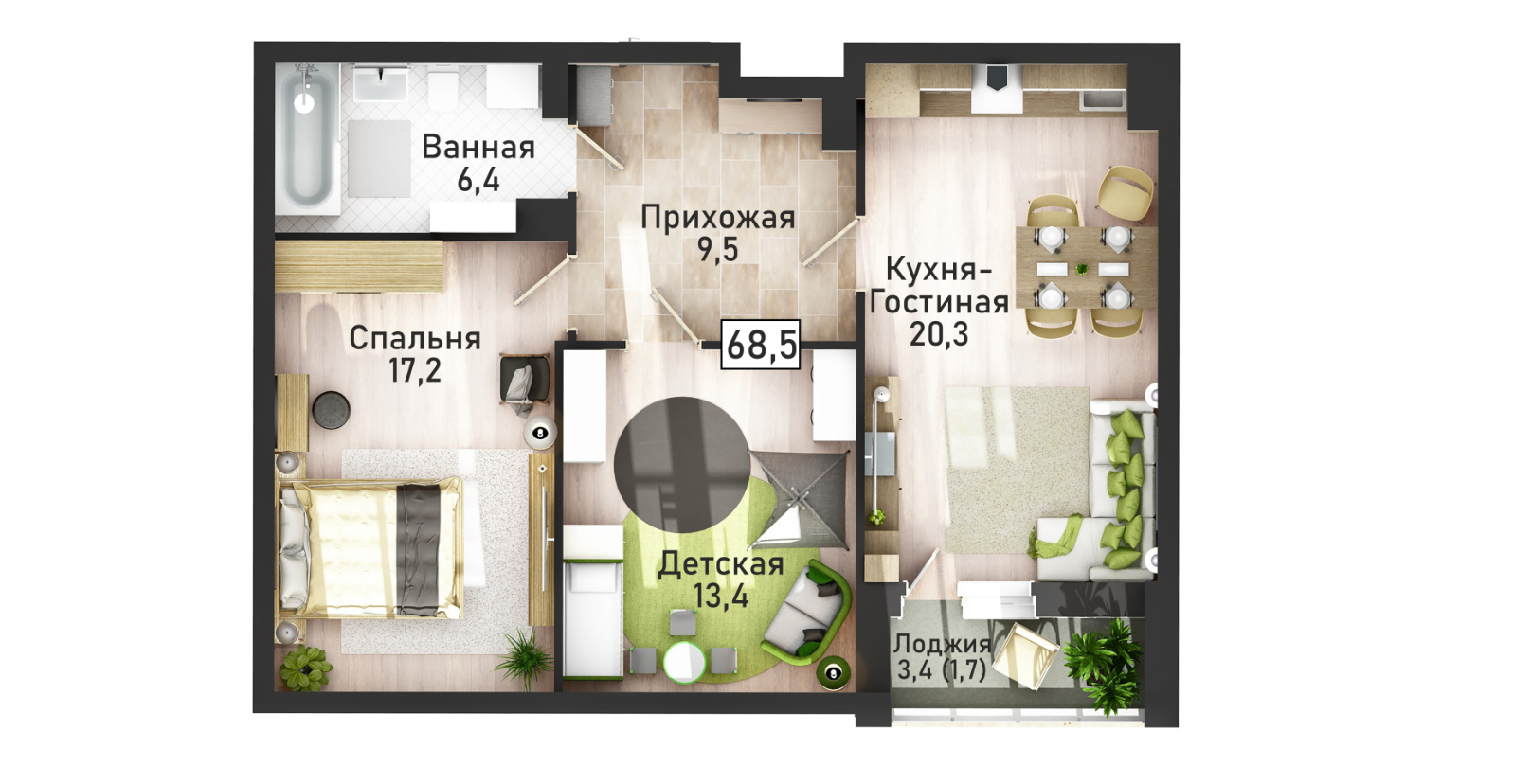 3-комнатная 68.5 м2 в ЖК undefined корпус null этаж 10
