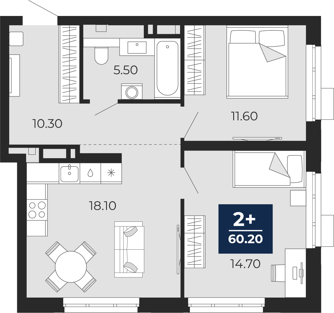 2-комнатная 60 м2 в ЖК Айвазовский корпус null этаж 3