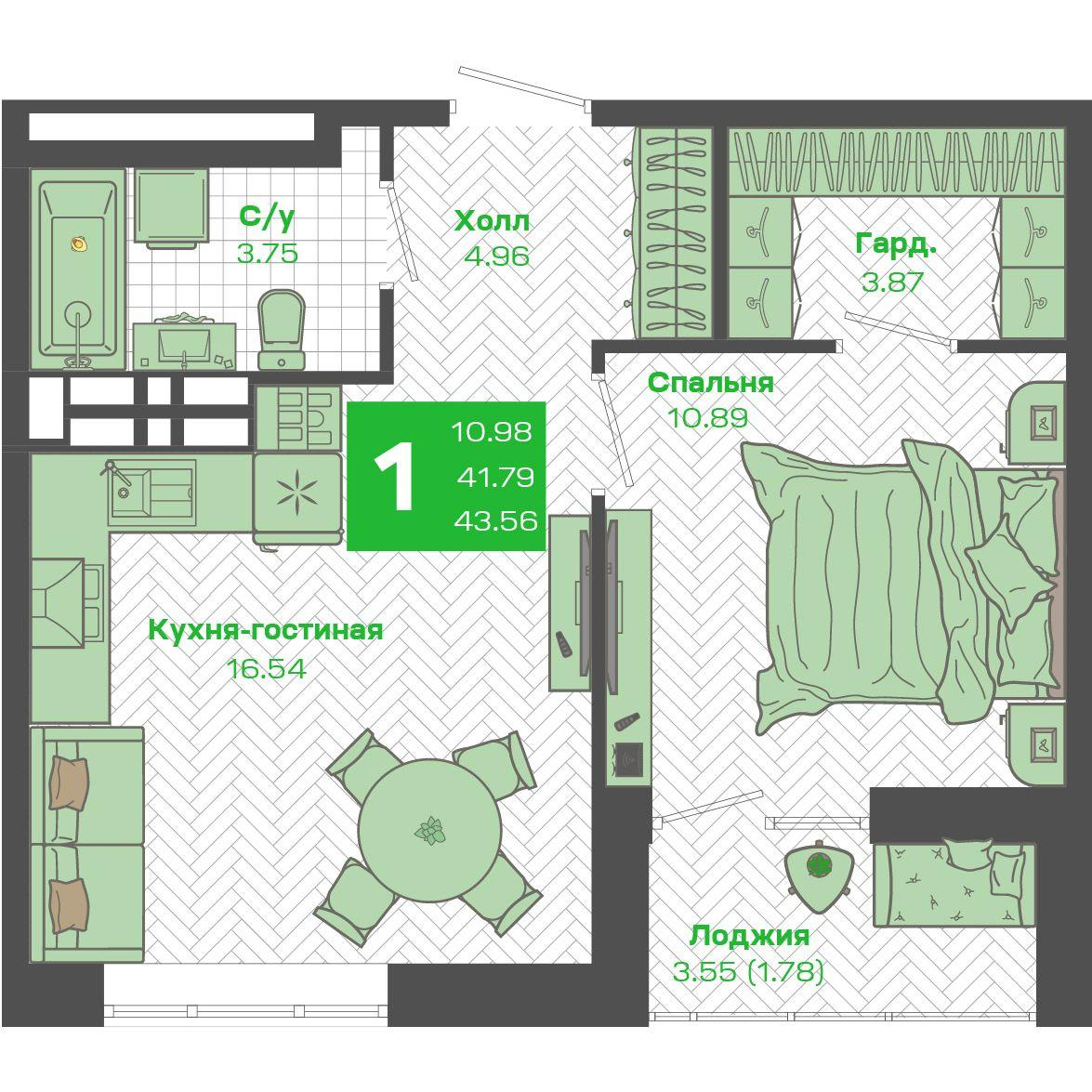 1-комнатная 41 м2 в ЖК Зелёный Бульвар 2 корпус null этаж 19