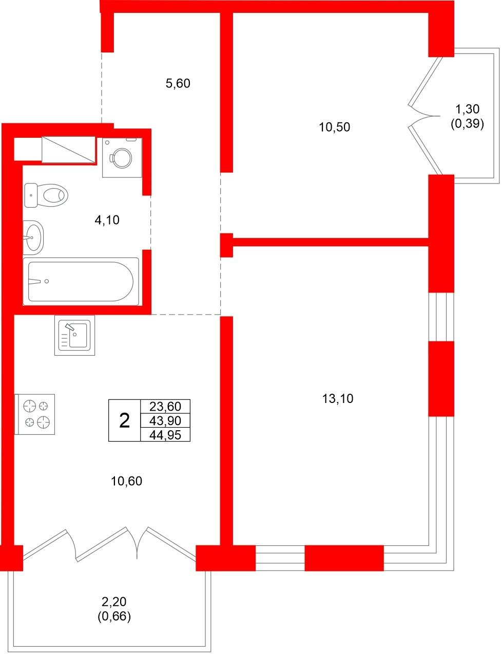 2-комнатная 44 м2 в ЖК PLUS Пулковский корпус null этаж 5