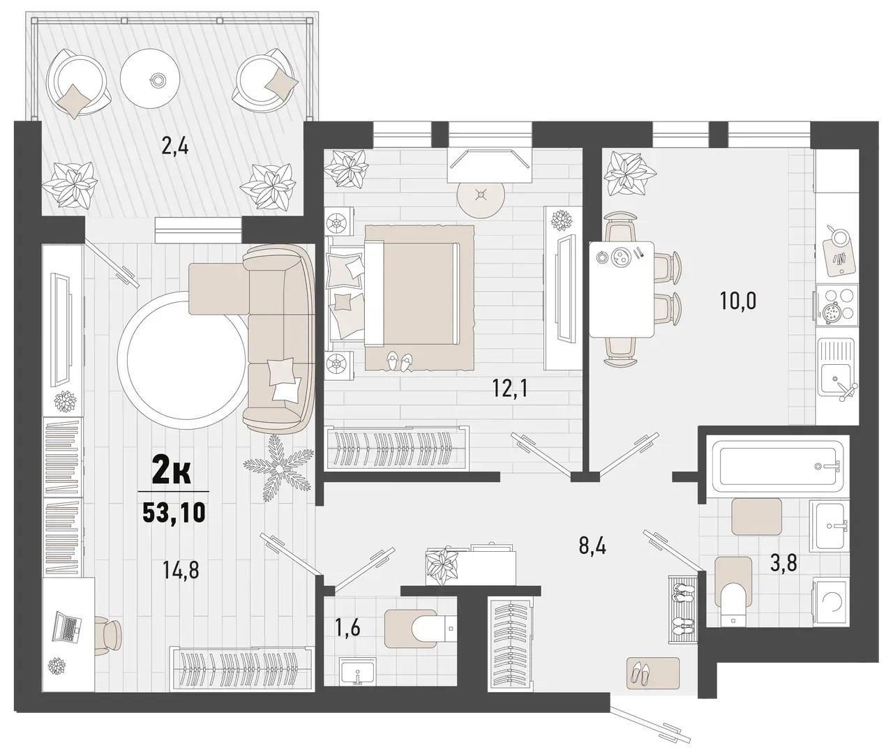 2-комнатная 50 м2 в ЖК Барса корпус null этаж 5