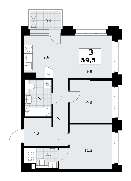 3-комнатная 59 м2 в ЖК Хольм корпус null этаж 10