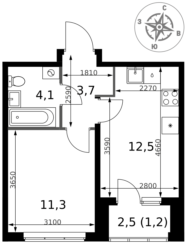 1-комнатная 32 м2 в ЖК 1-й Ясеневский корпус null этаж 2