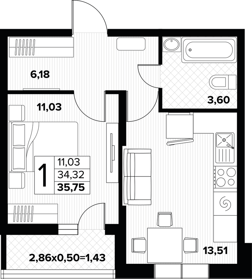 1-комнатная 36.2 м2 в ЖК undefined корпус null этаж 11