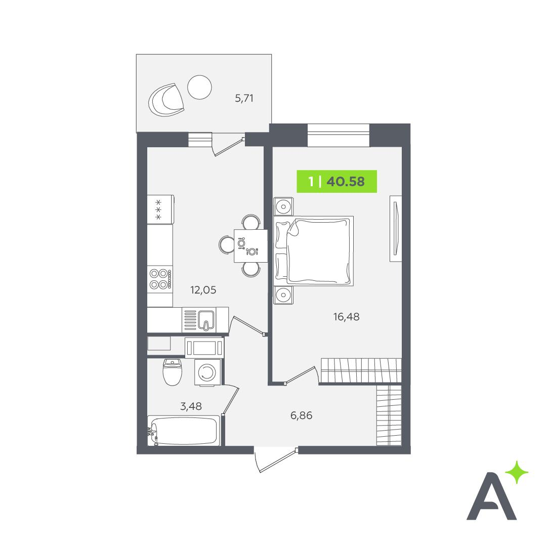 1-комнатная 40 м2 в ЖК Аквилон STORIES корпус null этаж 5