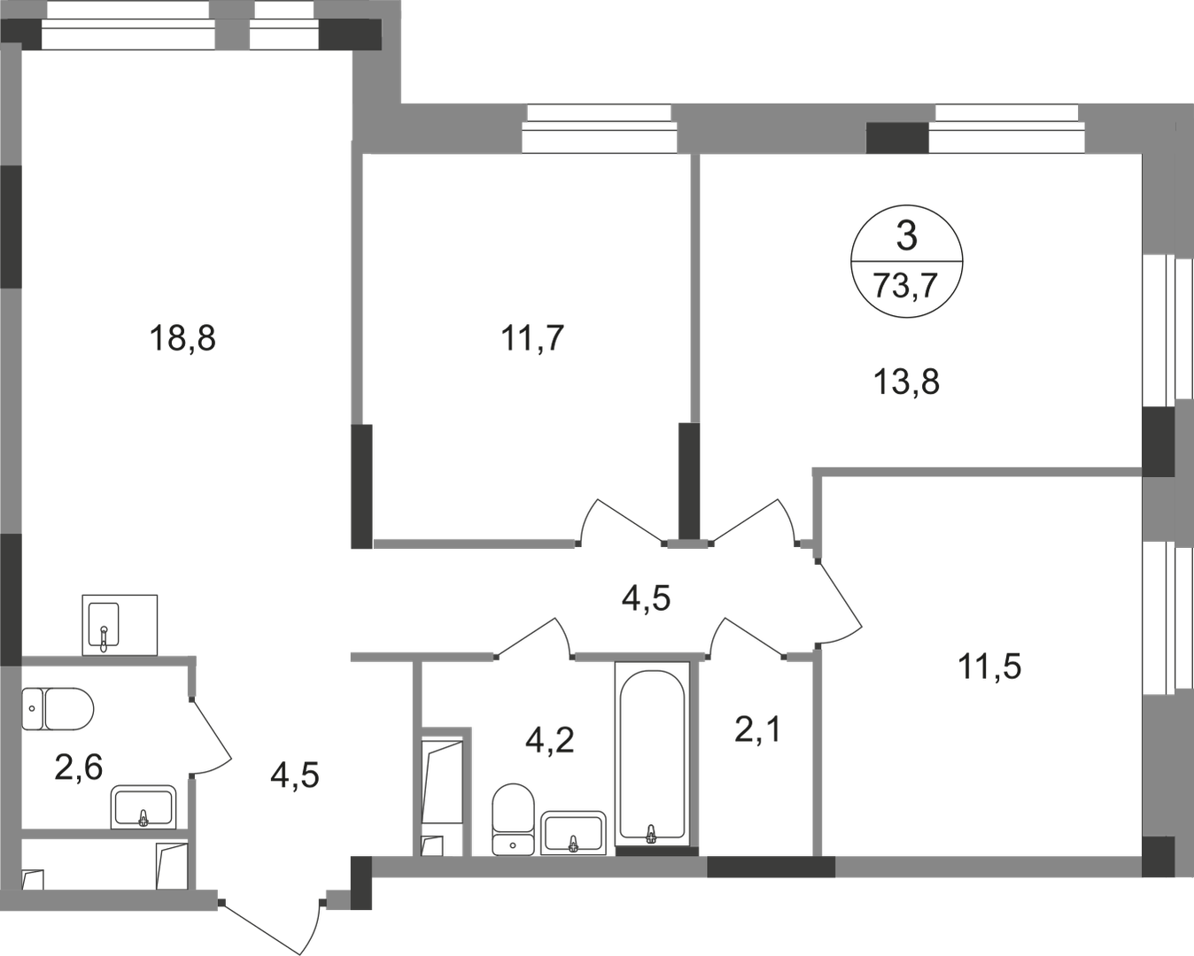 3-комнатная 73 м2 в ЖК Первый Московский корпус null этаж 4