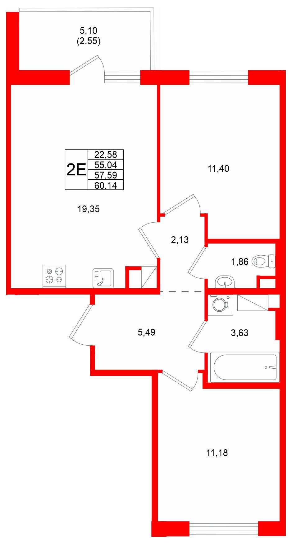 2-комнатная 57 м2 в ЖК IQ Гатчина корпус null этаж 6