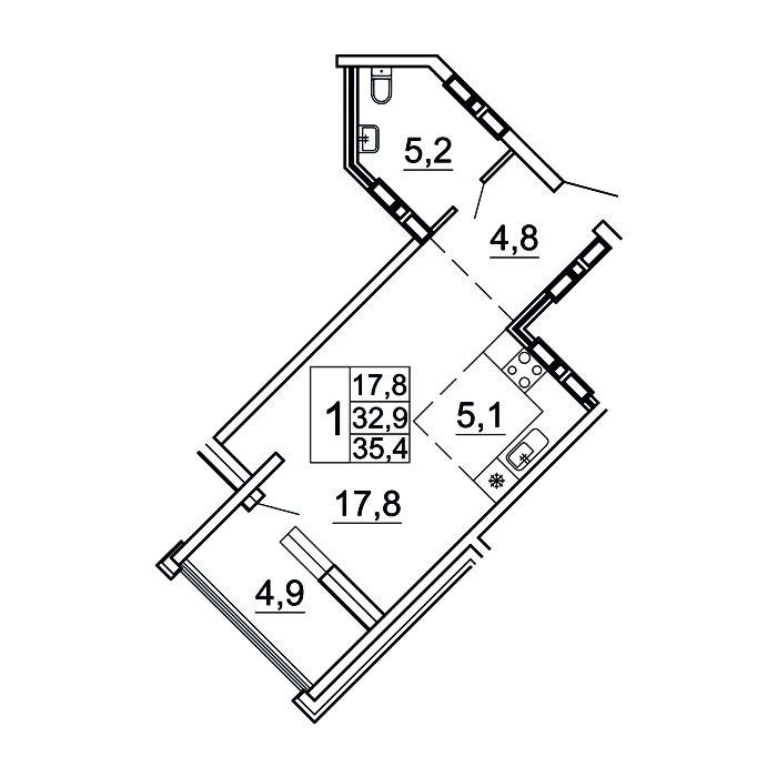 1-комнатная 35 м2 в ЖК Сингапур корпус null этаж 13
