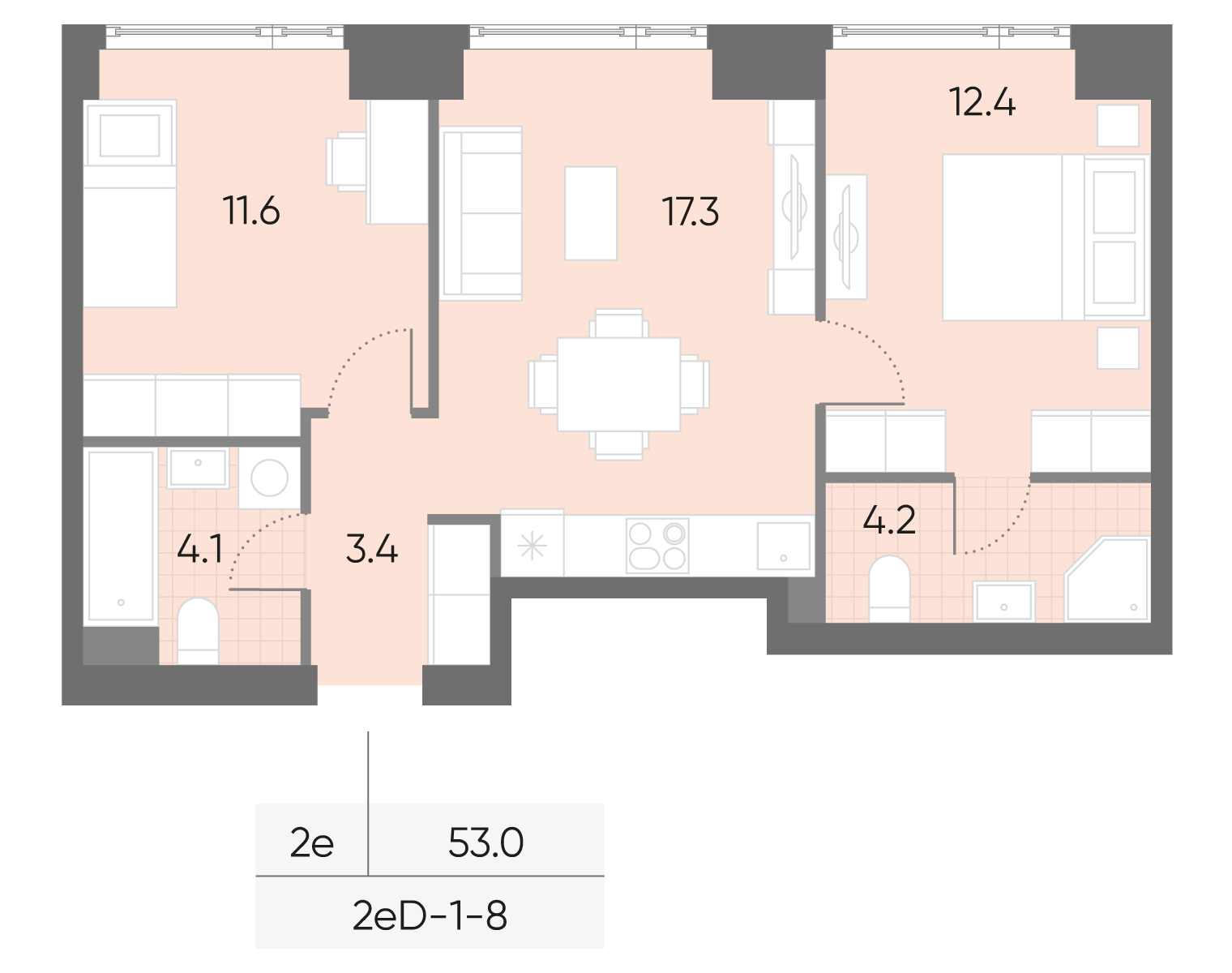 2-комнатная 53 м2 в ЖК Вейв корпус null этаж 8