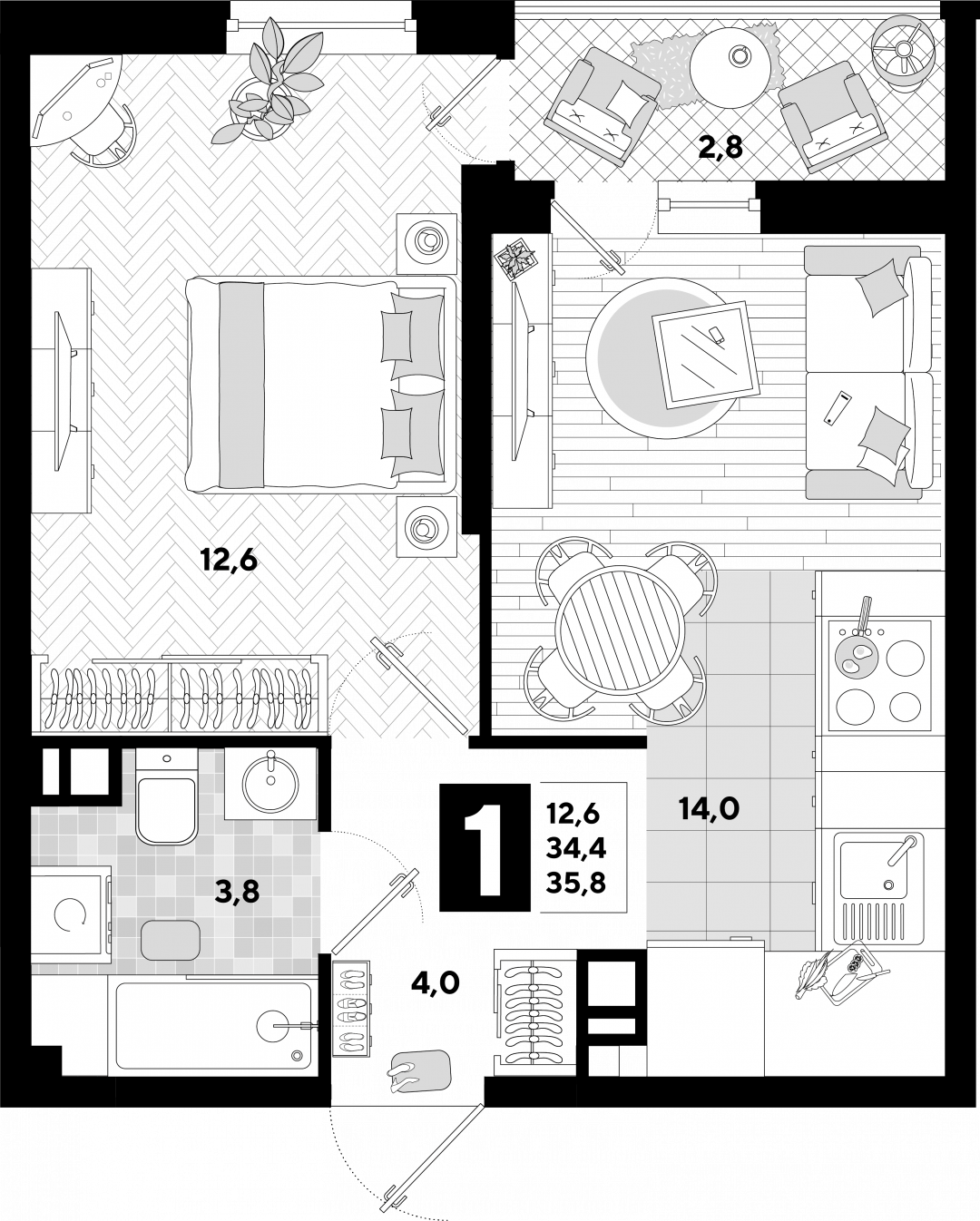 1-комнатная 34.4 м2 в ЖК undefined корпус null этаж 7