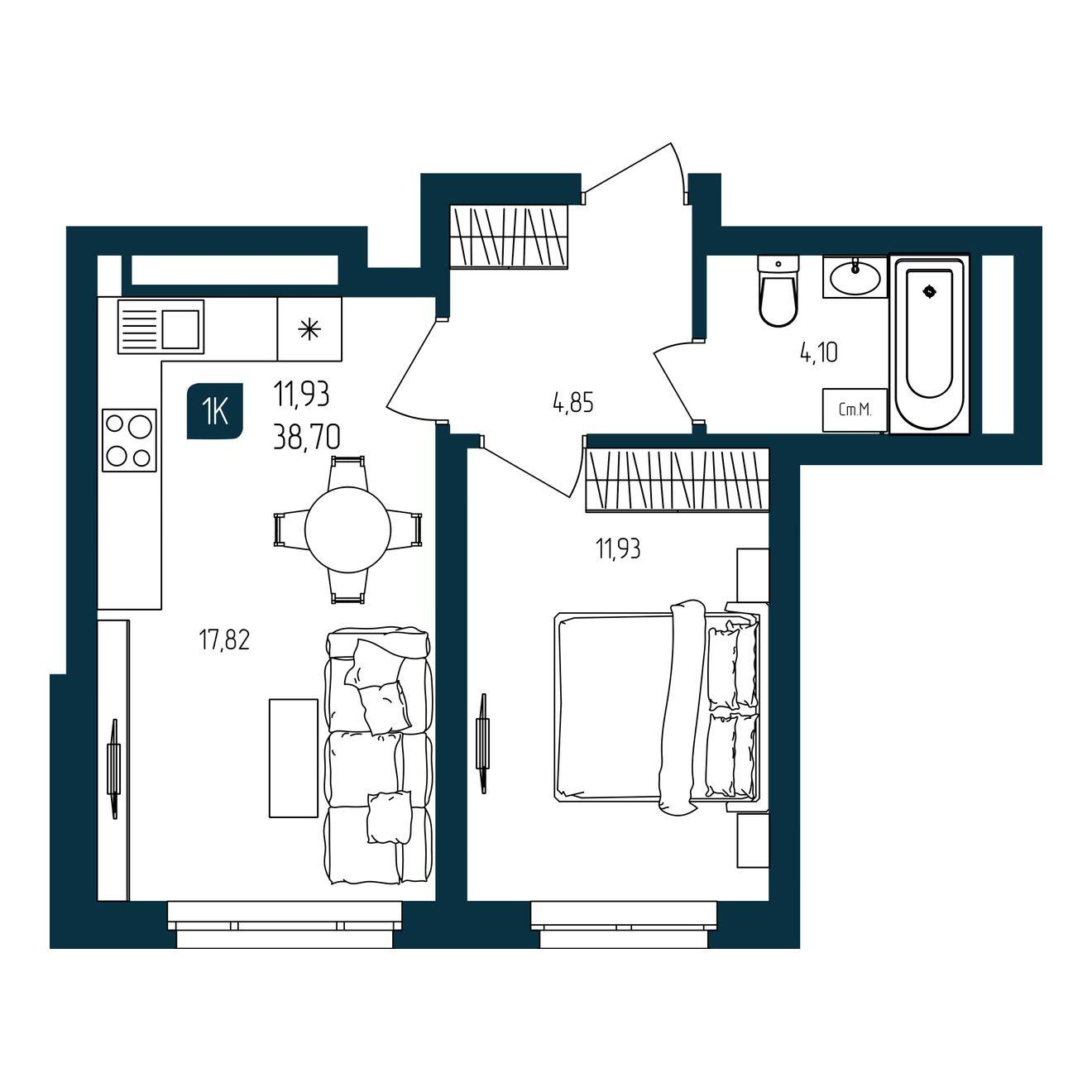 1-комнатная 38 м2 в ЖК Квартал Мятный корпус null этаж 18