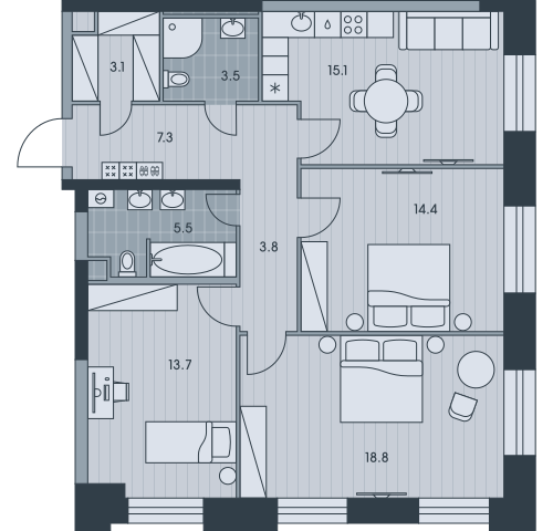 3-комнатная 85 м2 в ЖК Ever корпус null этаж 26