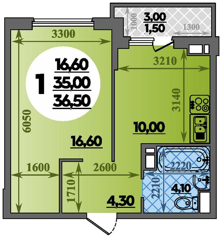 1-комнатная 36 м2 в ЖК Парк у дома корпус null этаж 7