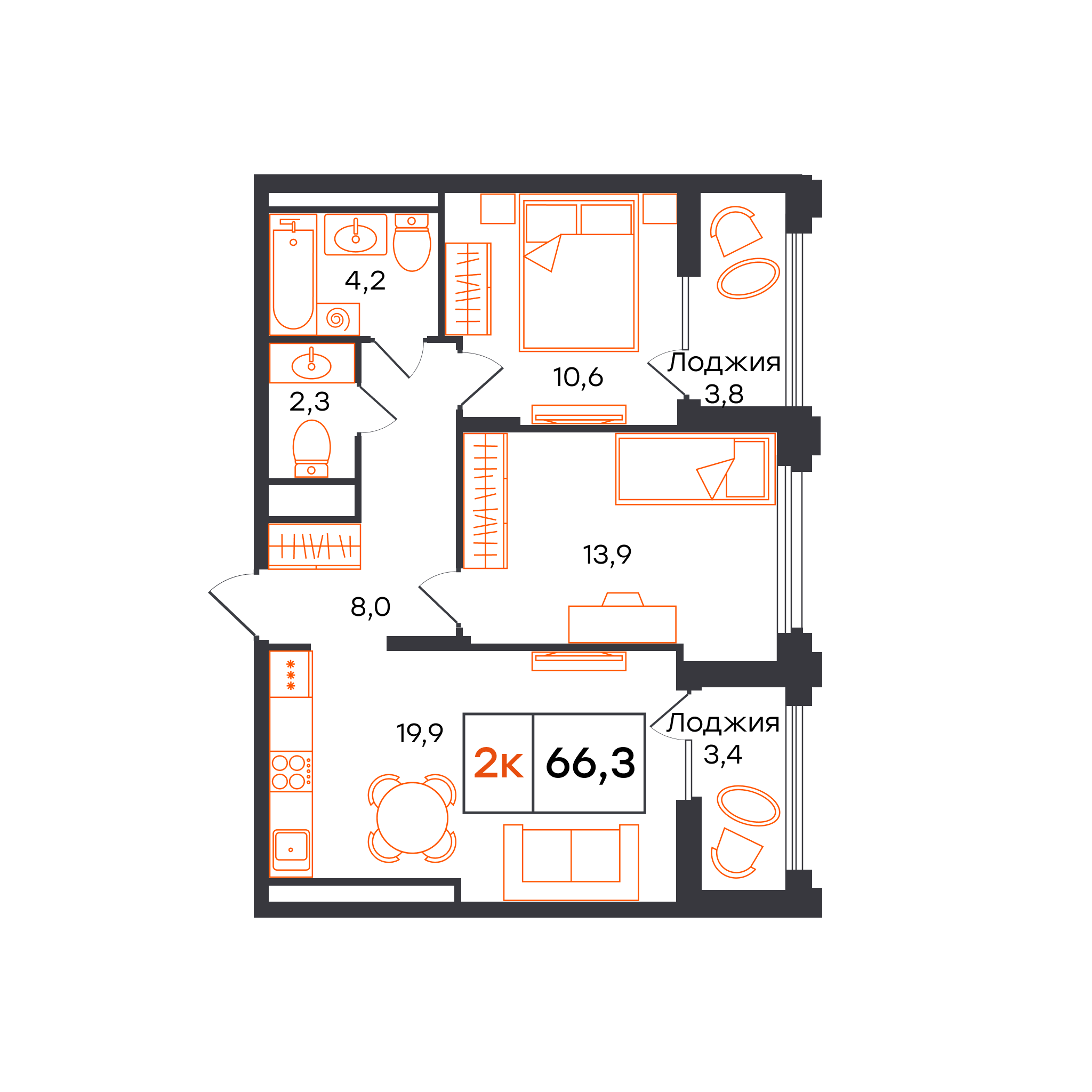 2-комнатная 66 м2 в ЖК Александровский корпус null этаж 2