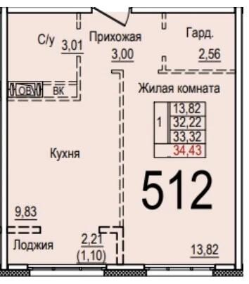 1-комнатная 32.5 м2 в ЖК undefined корпус null этаж 2
