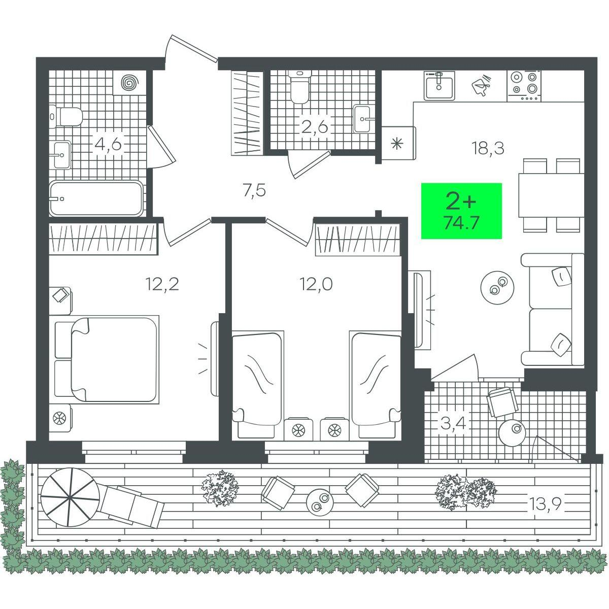 2-комнатная 74 м2 в ЖК Гранд Квартал корпус null этаж 1