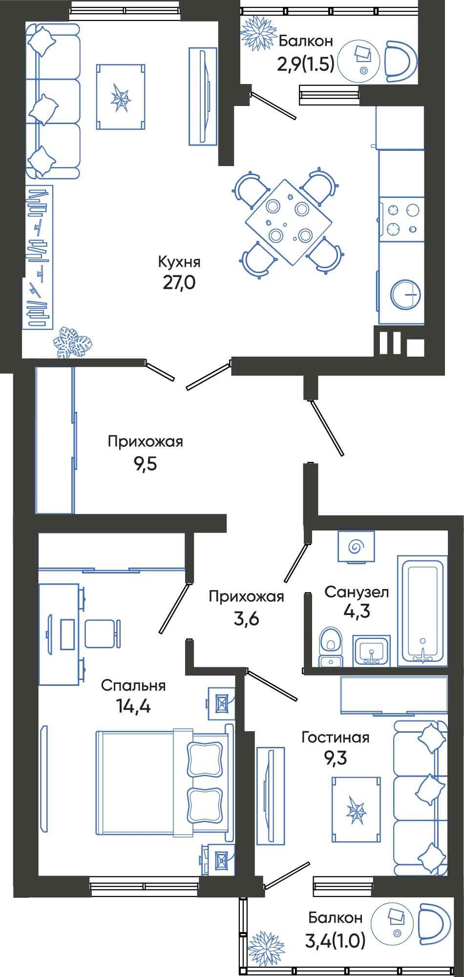 2-комнатная 70 м2 в ЖК Облака корпус null этаж 2