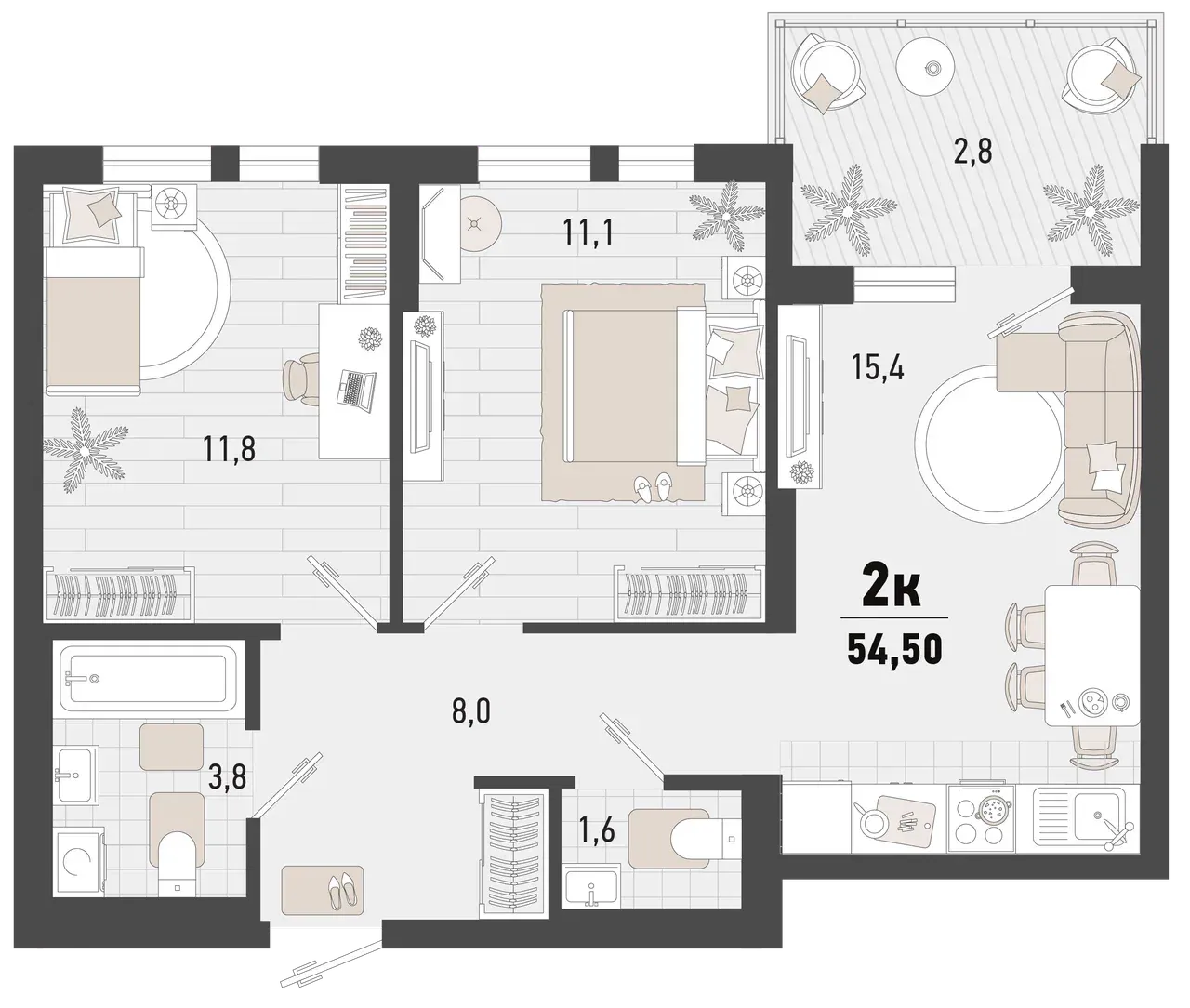 2-комнатная 51 м2 в ЖК Барса корпус null этаж 8