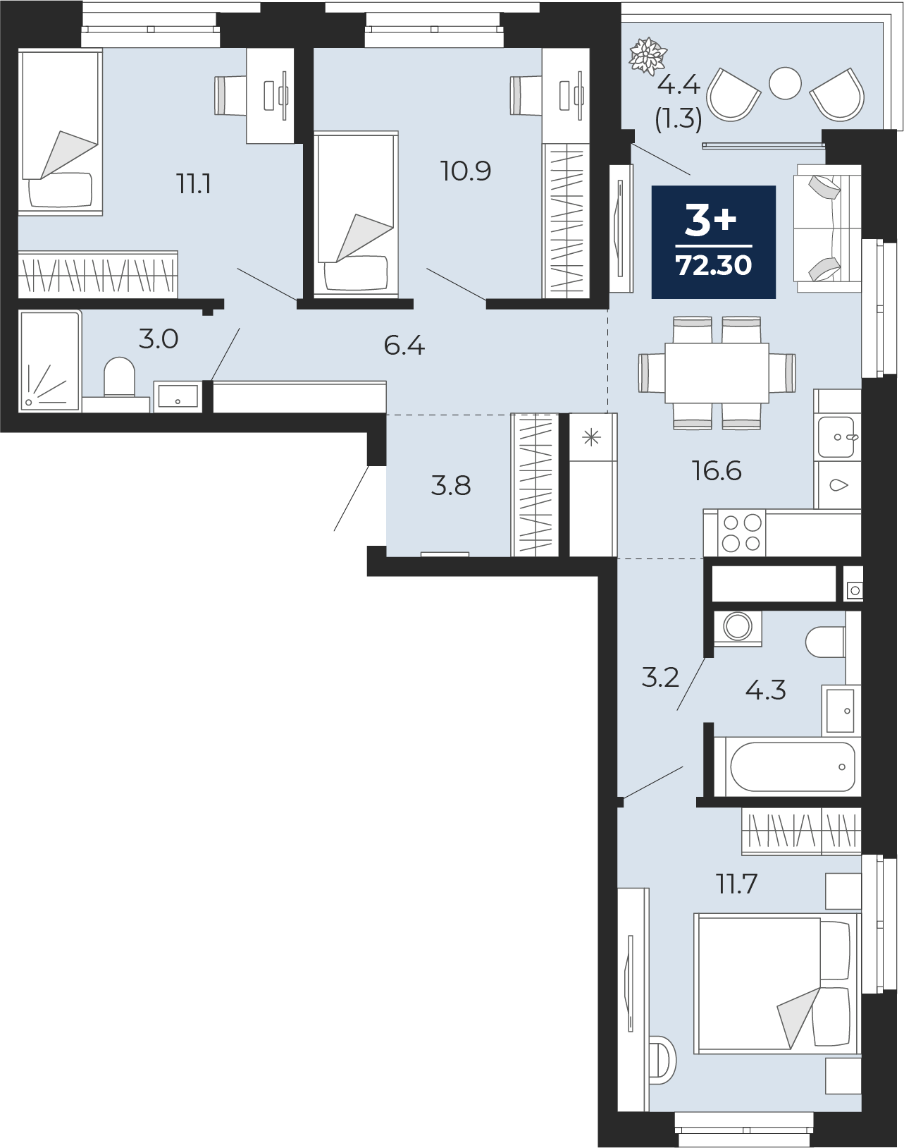 3-комнатная 71 м2 в ЖК Мириады корпус null этаж 14
