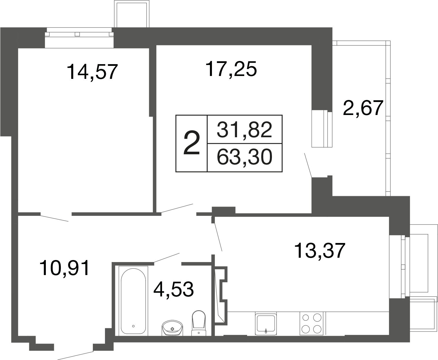 2-комнатная 63 м2 в ЖК Времена года корпус null этаж 1