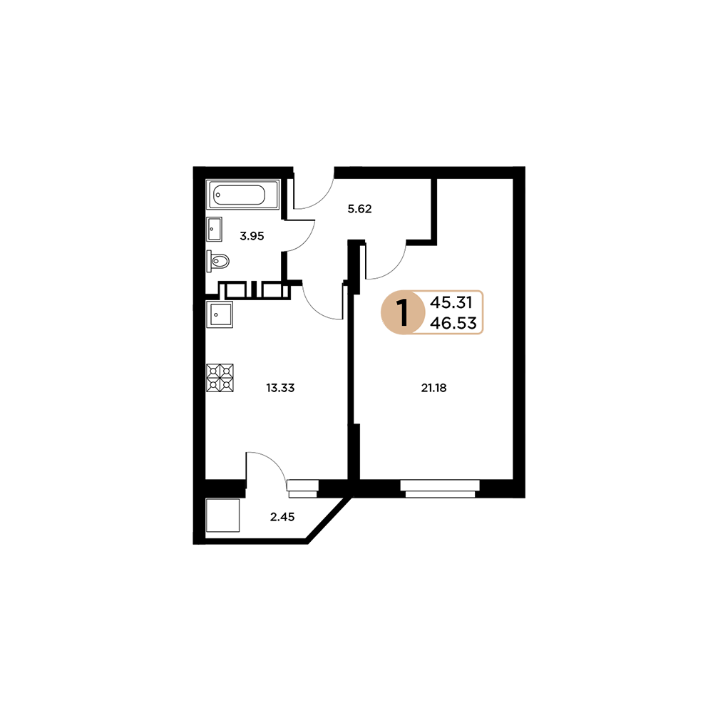 1-комнатная 46 м2 в ЖК Московский корпус null этаж 10