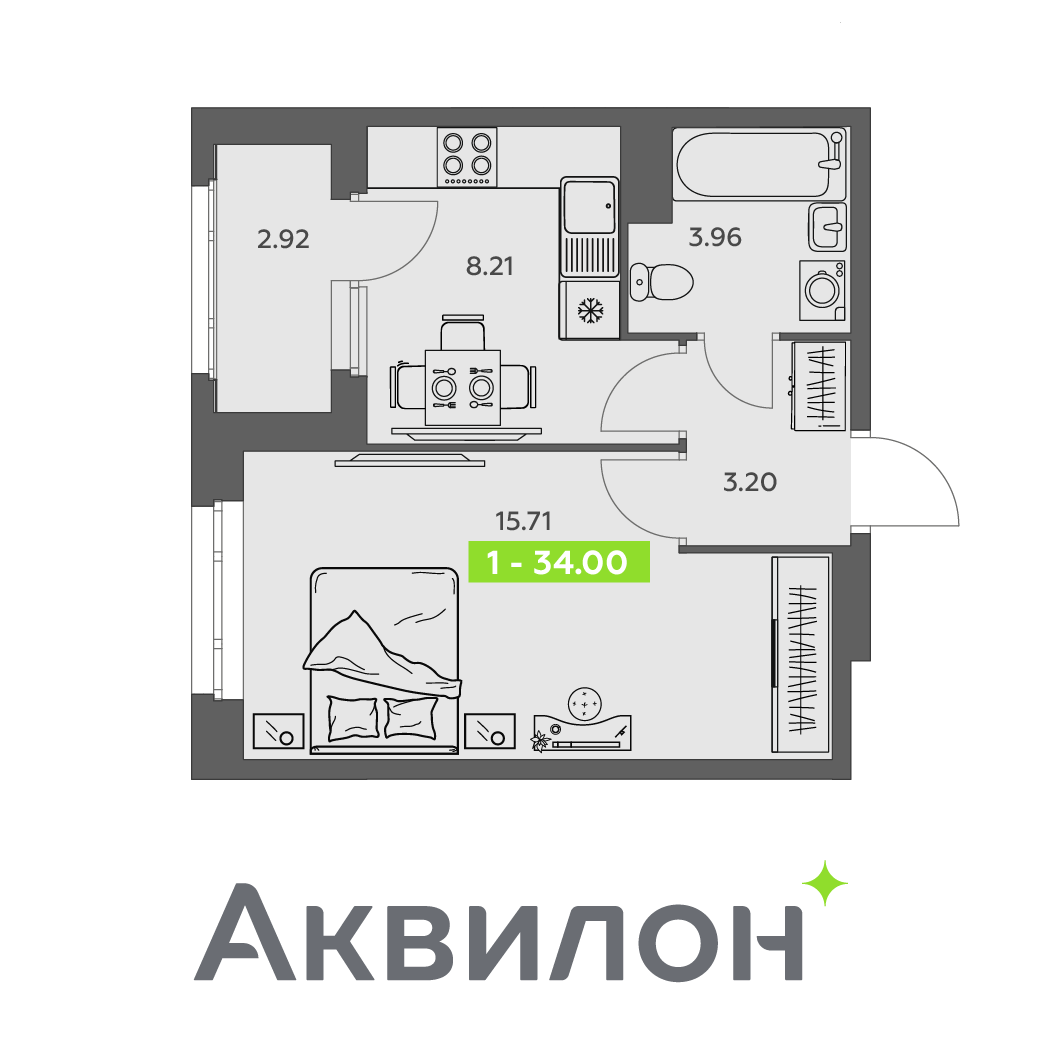 1-комнатная 34 м2 в ЖК Аквилон АКВАРТАЛ корпус null этаж 10